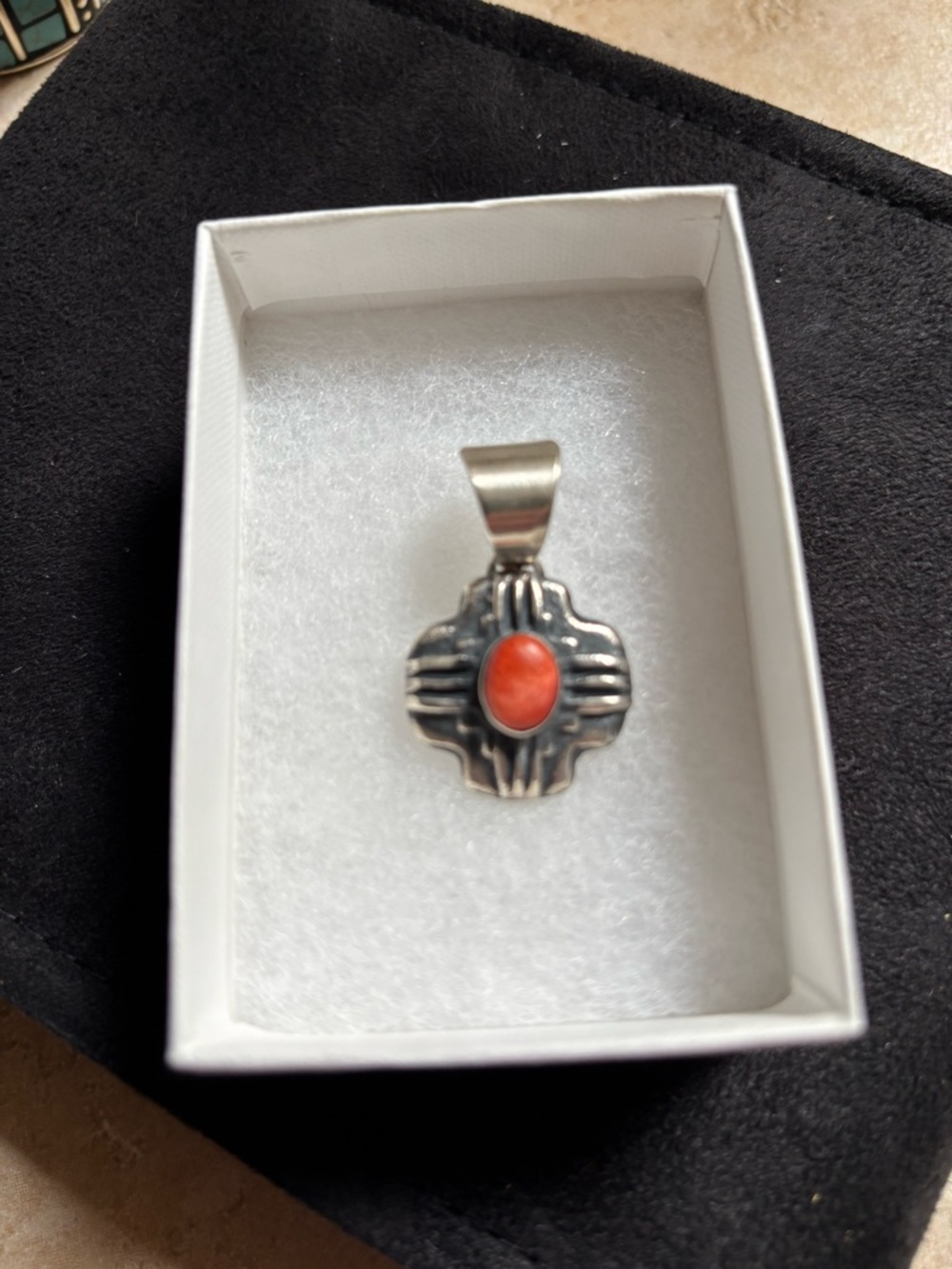 Vintage Navajo Artist Chimney Butte Cabochon Coral/Sterling Silver Cross Pendant